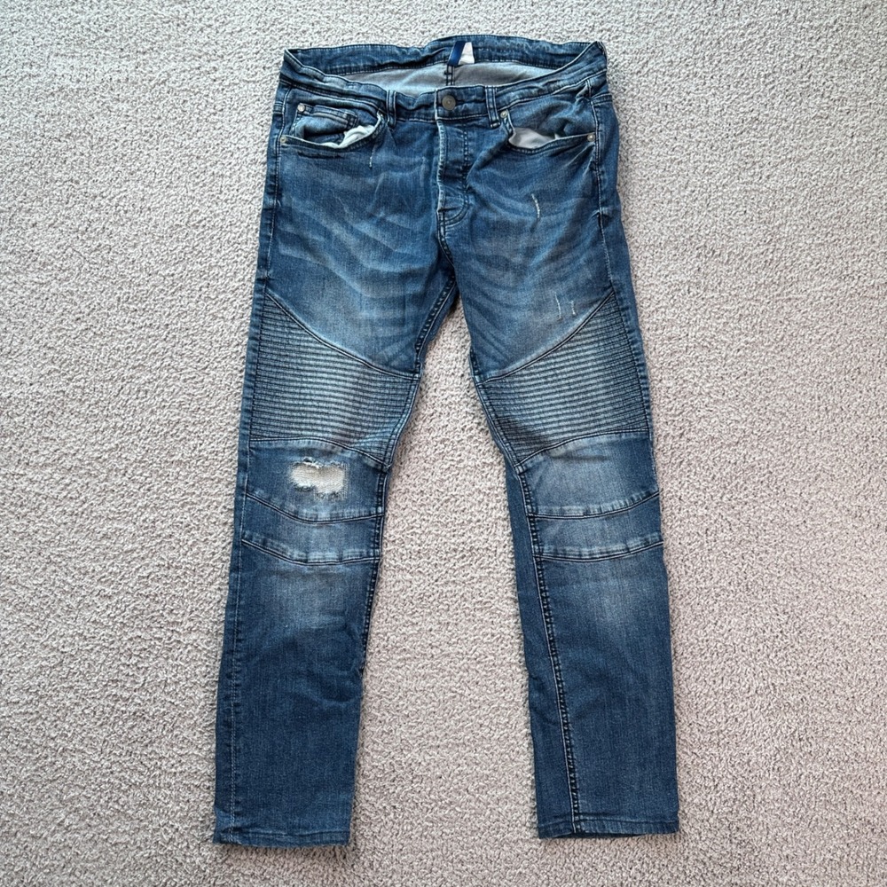 H&M Divided Mens Skinny Fit Jeans 33x29 Blue Distressed Moto Biker Style Denim